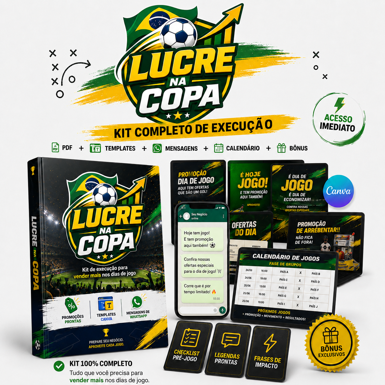 Mockup completo do kit Lucre na Copa com capa, mensagens, templates, calendário e bônus