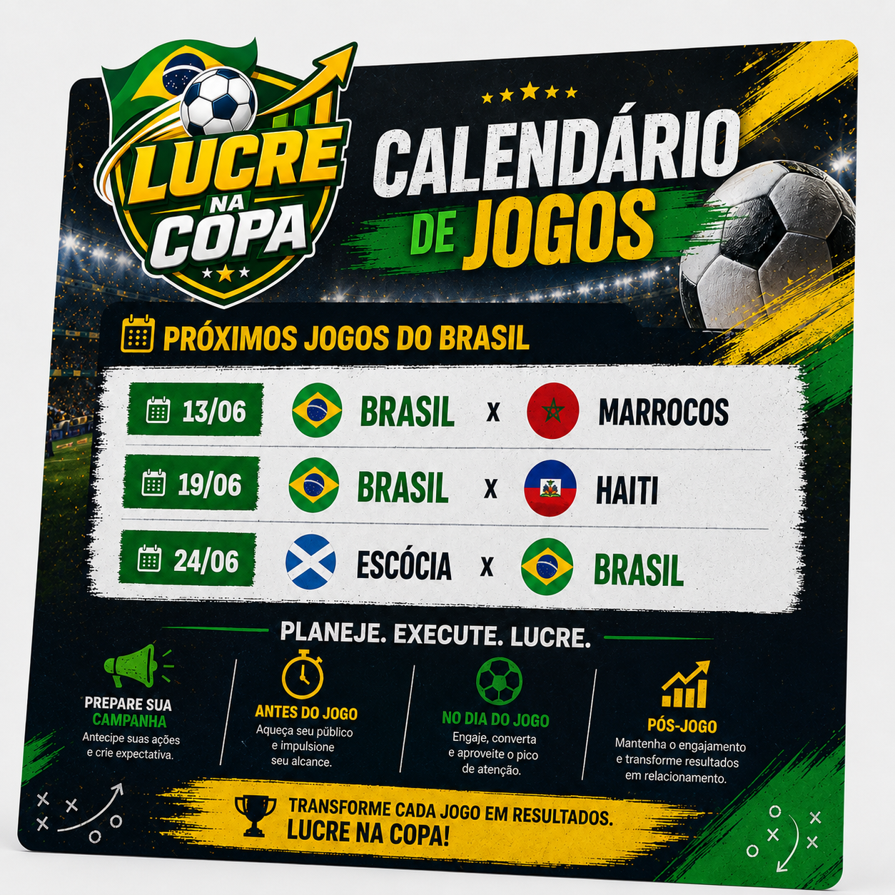 Calendário visual dos próximos jogos para planejar campanhas de Copa